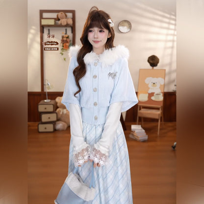 Fluffy Collar Knit Cardigan And Plaid Skirt Set BEL0045