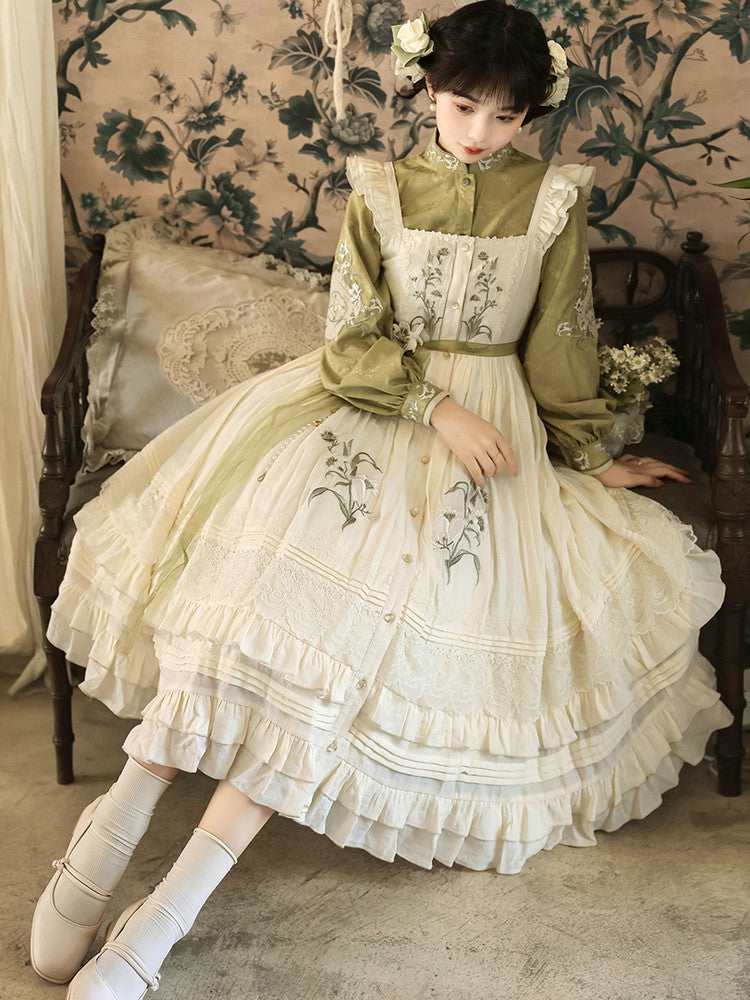 Chinese Style Floral Embroidered Long Sleeve Dress Set YOU0253