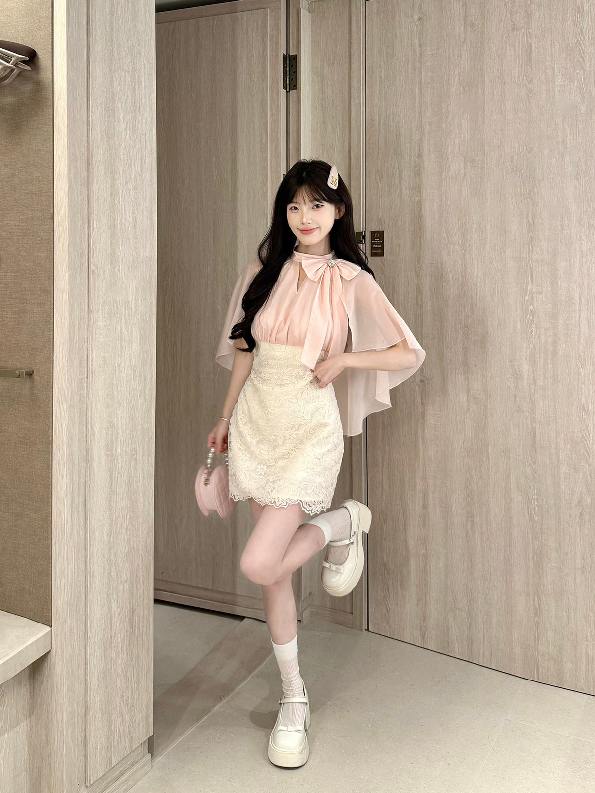 Pink Cape Sleeve Lace Mini Dress BEL0031