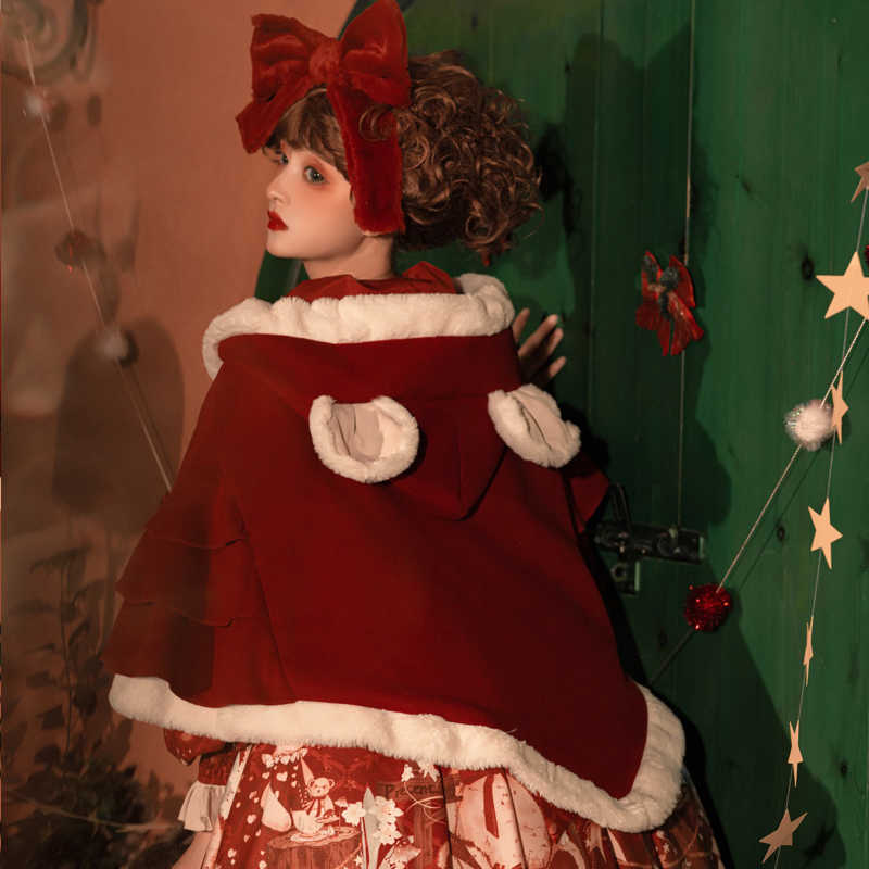 Hooded Christmas Cape and Bear Print Dress YOU0148