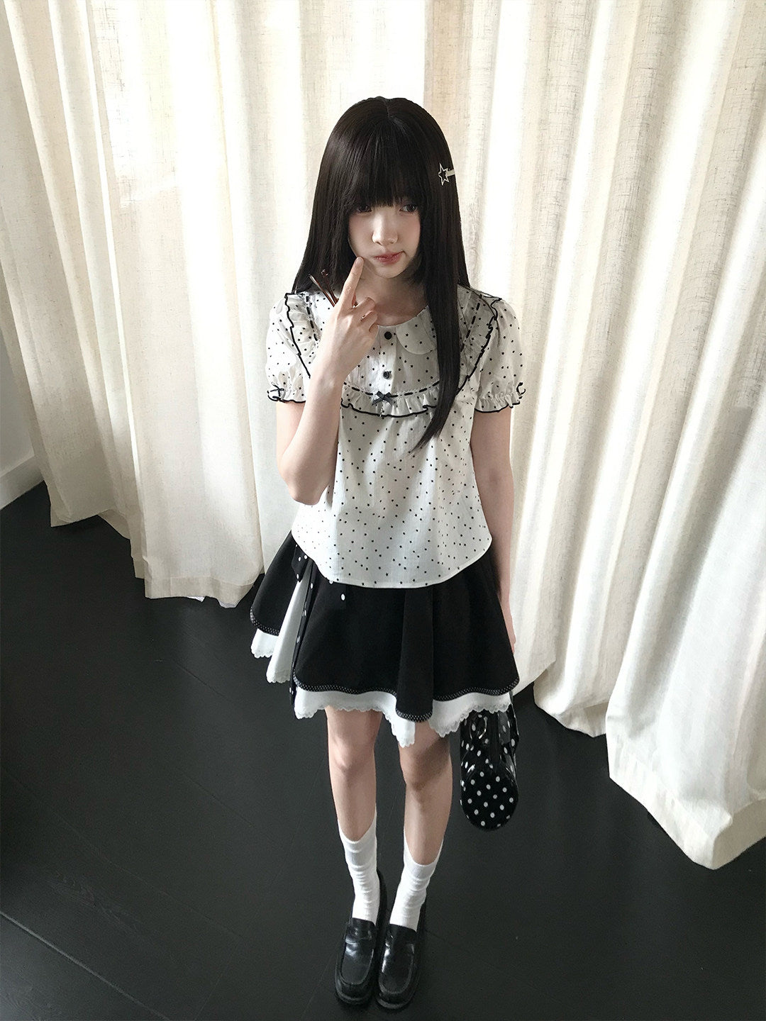 Polka Dot Doll Collar Ruffle Blouse LAL0179