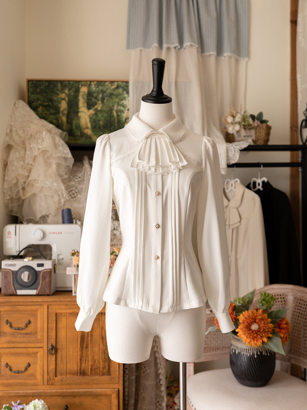 Vintage Ribbon Collar Pintuck Blouse FOR0065