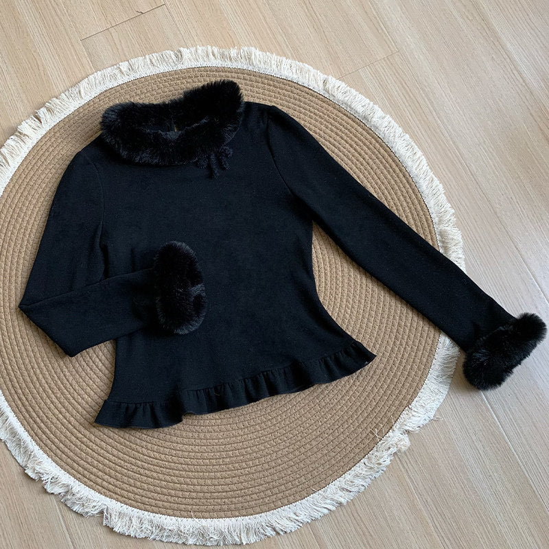 Fur Trim Ruffle Hem Knit Top WIT0299