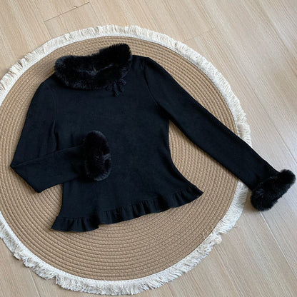 Fur Trim Ruffle Hem Knit Top WIT0299