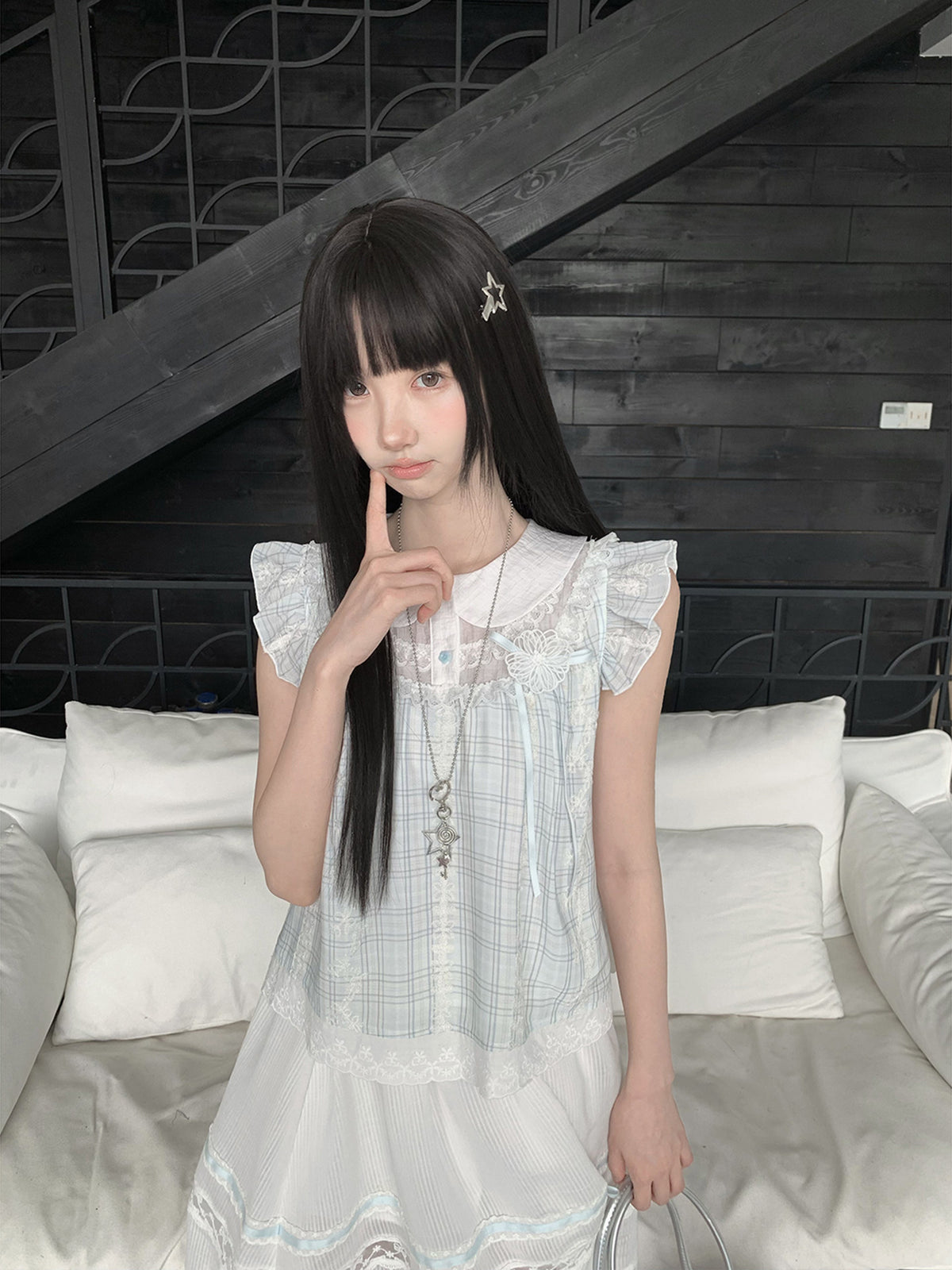 Doll Collar Flutter Sleeve Gingham Check Blouse LAL0224
