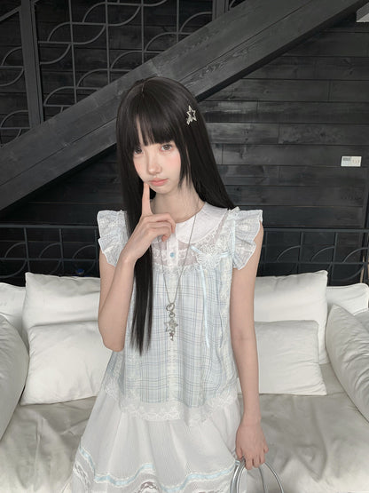 Doll Collar Flutter Sleeve Gingham Check Blouse LAL0224