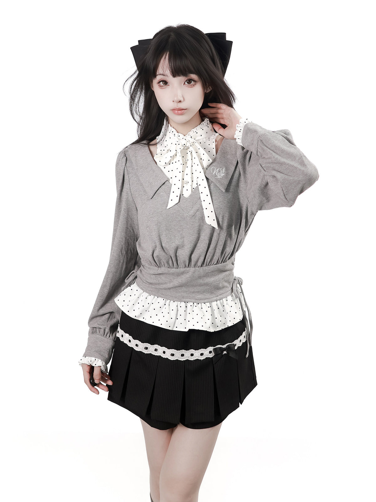 Bow-Tie Academy Knit Top With Pleated Mini Skirt PIN0056