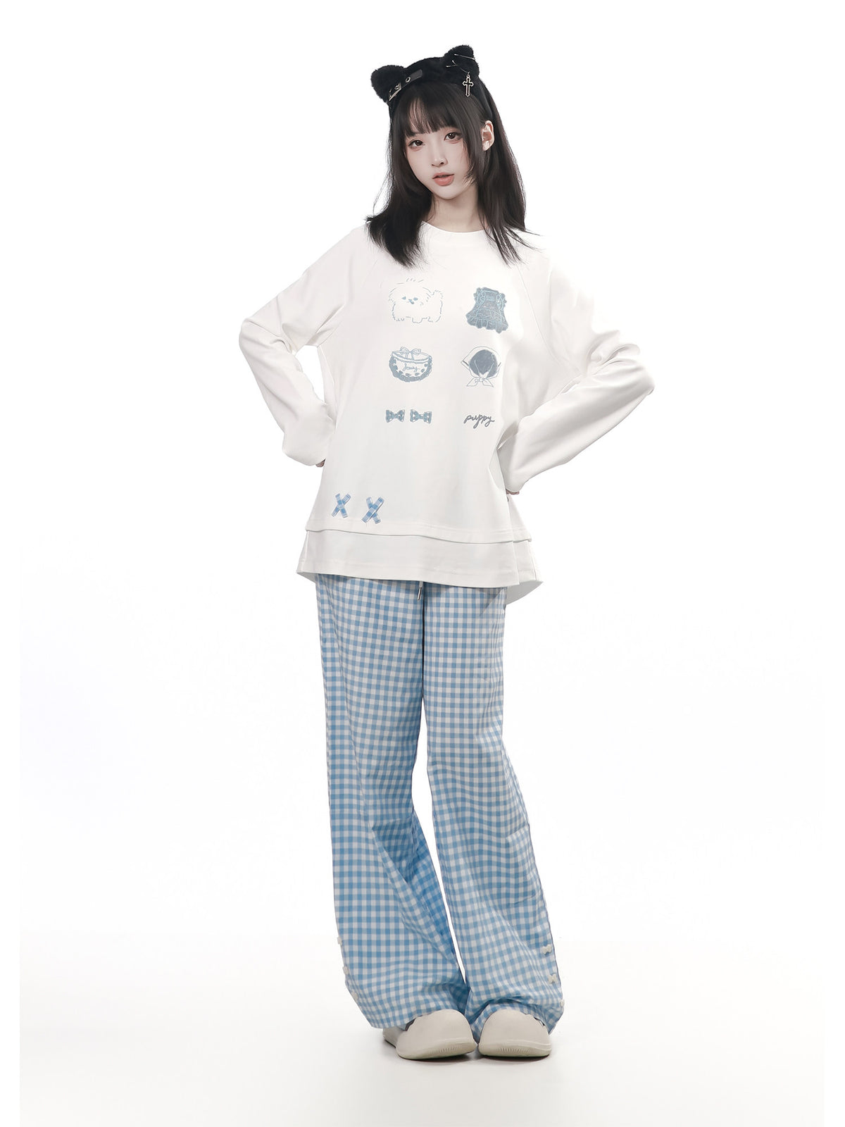 Puppy Patch Long Sleeve Top With Gingham Pants PIN0029