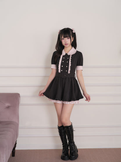 Double-Breasted Color-Block Pleated Dress NOG0032