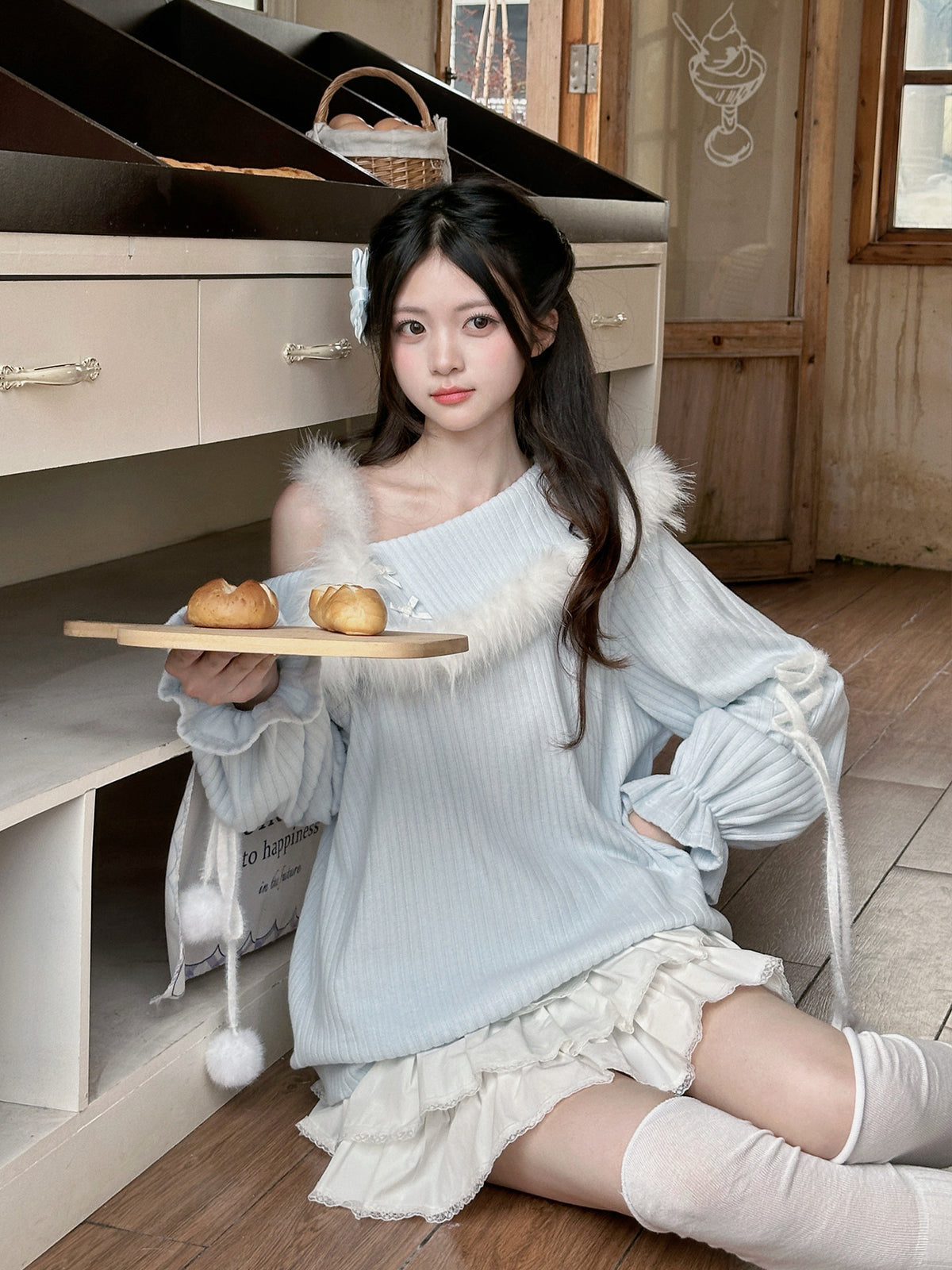 Off Shoulder Fuzzy Trim Knit Sweater LAL0158