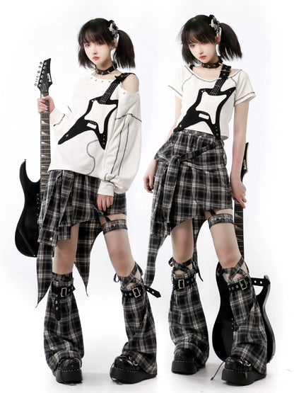 Guitar Style Off-shoulder shirt & Check skirt PIN0018