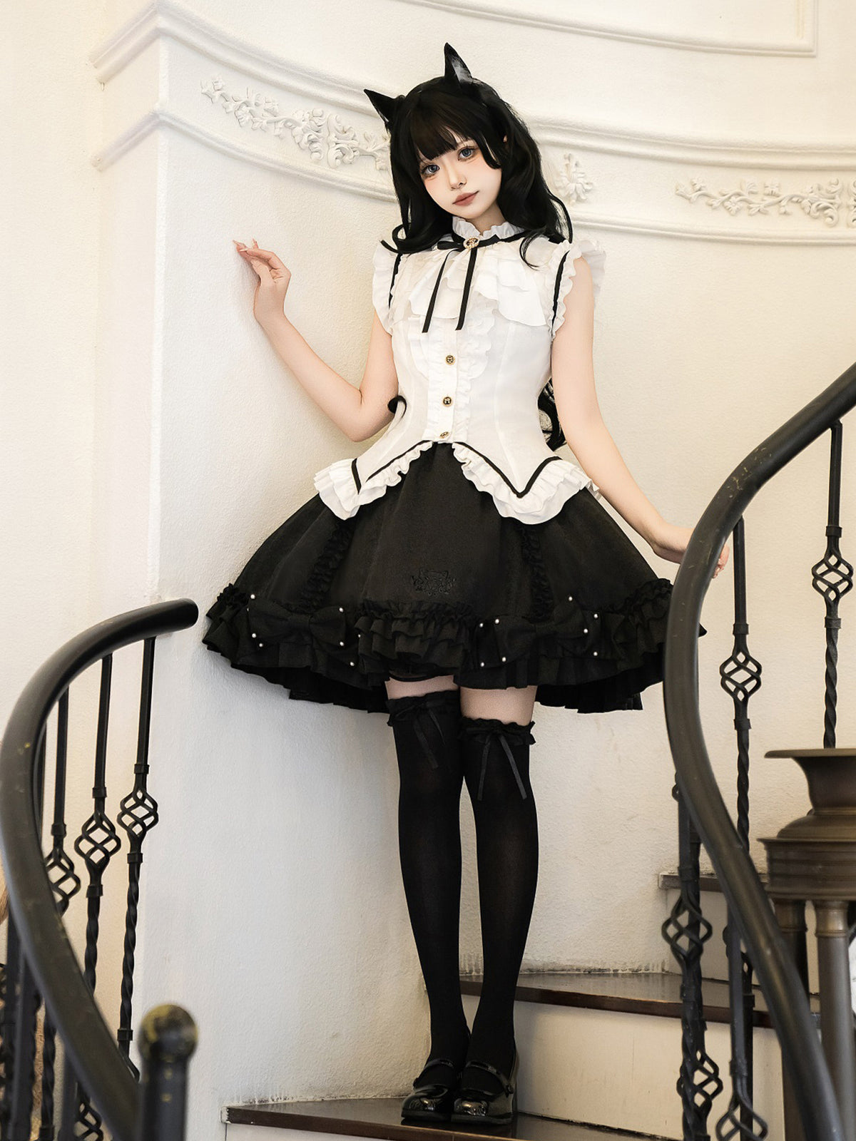 Black White Ruffled Lolita Vest Skirt Set YOU0269