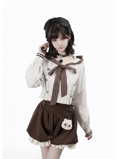 Sailor Collar Striped Shirt And Bloomer Skirt PIN0043