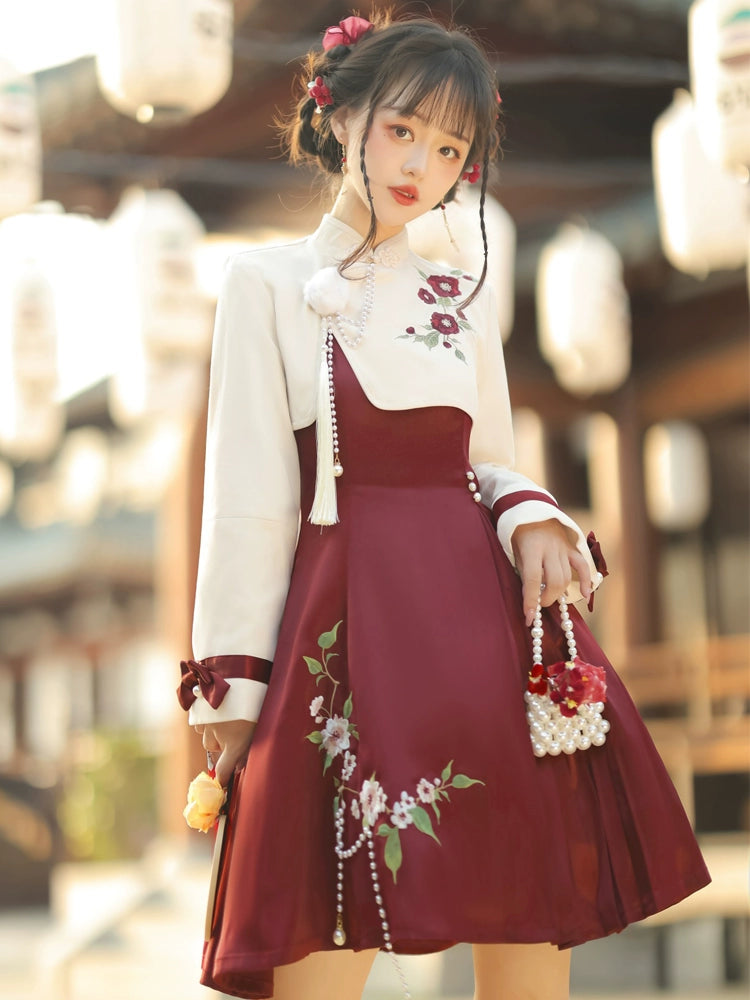 Embroidered flowers Short Jacket and Red China Dress YOU0011