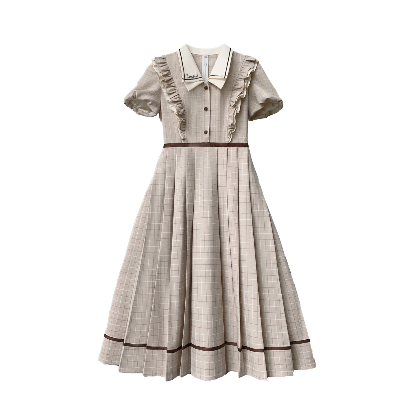 French Retro Sweet Beige Plaid Dress HUT0093