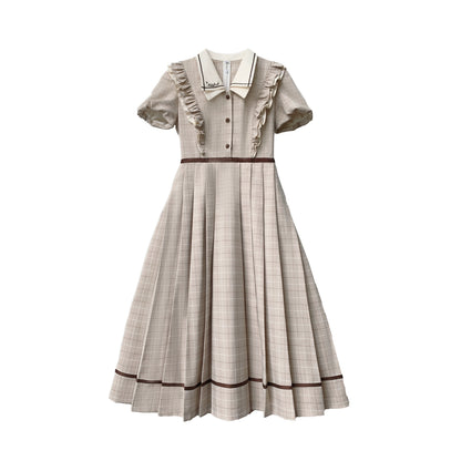 French Retro Sweet Beige Plaid Dress HUT0093