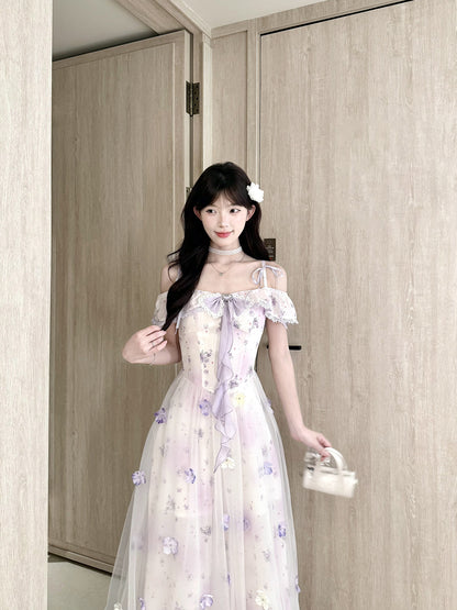 Off-Shoulder Floral Mesh Fairy Maxi Dress BEL0040