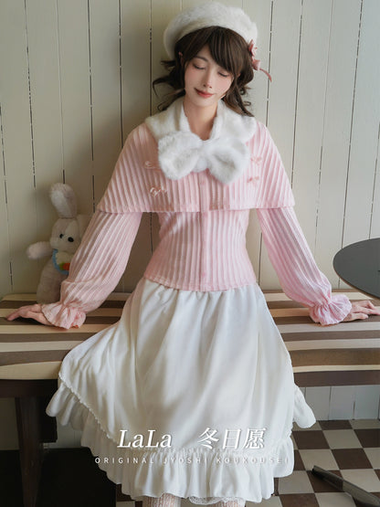 Fur Collar Striped Knit Top With Tiered Skirt LAL0163