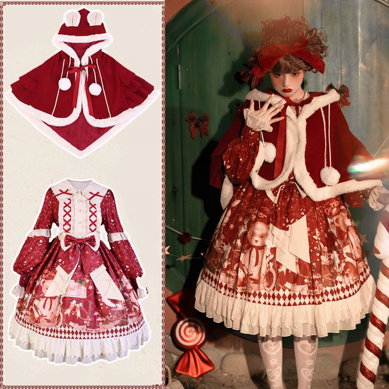 Hooded Christmas Cape and Bear Print Dress YOU0147