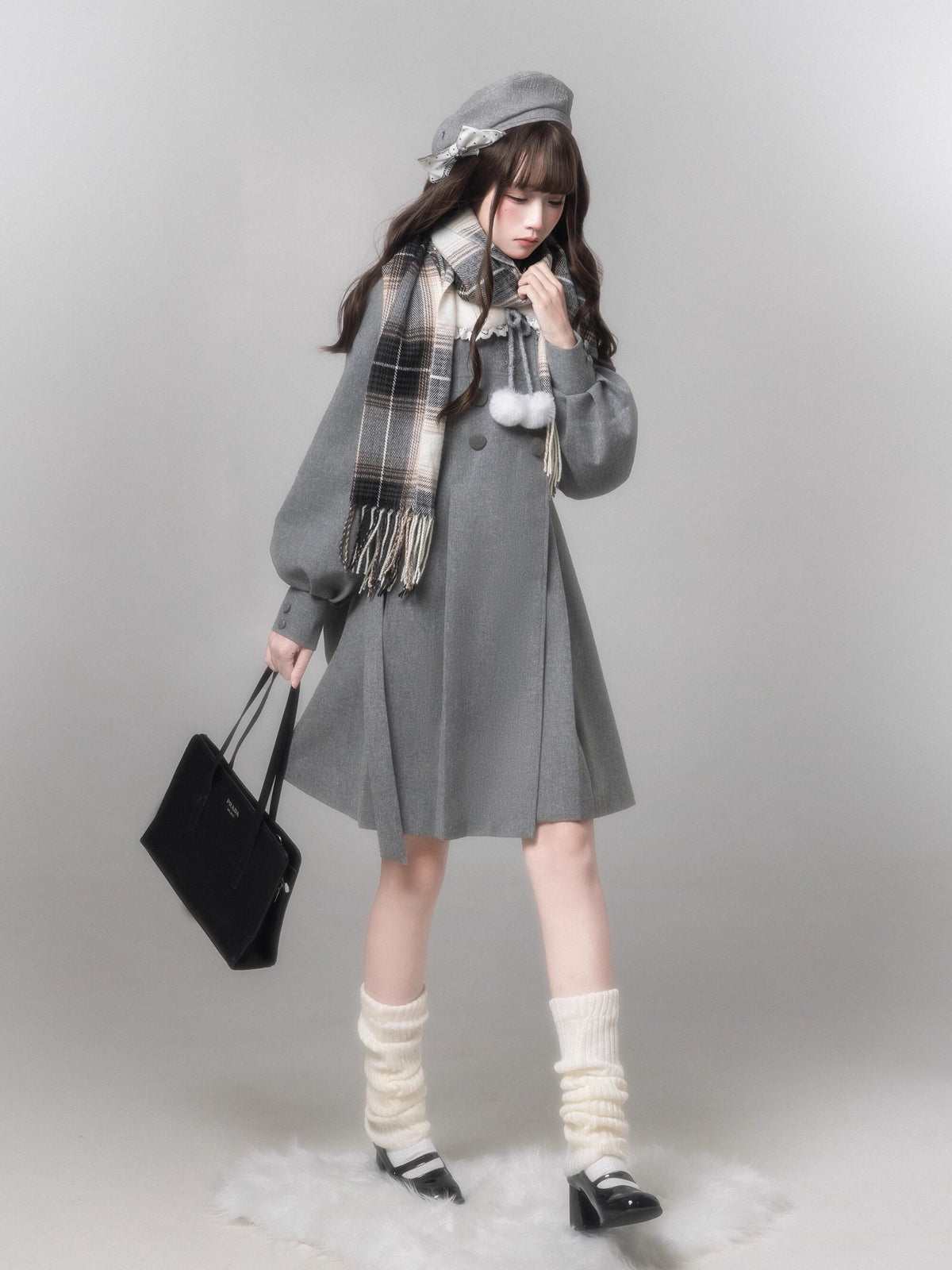 Gray Wool Coat Beret Scarf Set HUT0159