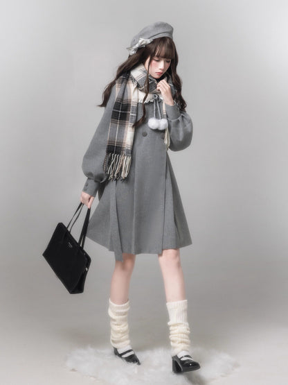 Gray Wool Coat Beret Scarf Set HUT0159