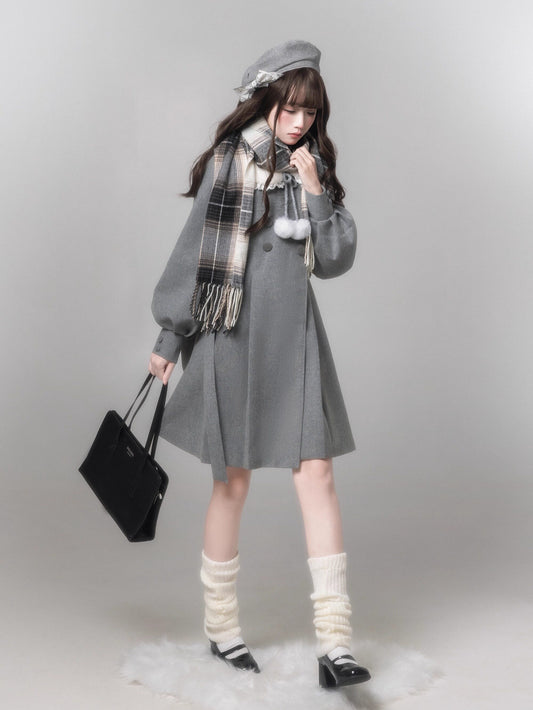 Gray Wool Coat Beret Scarf Set HUT0159