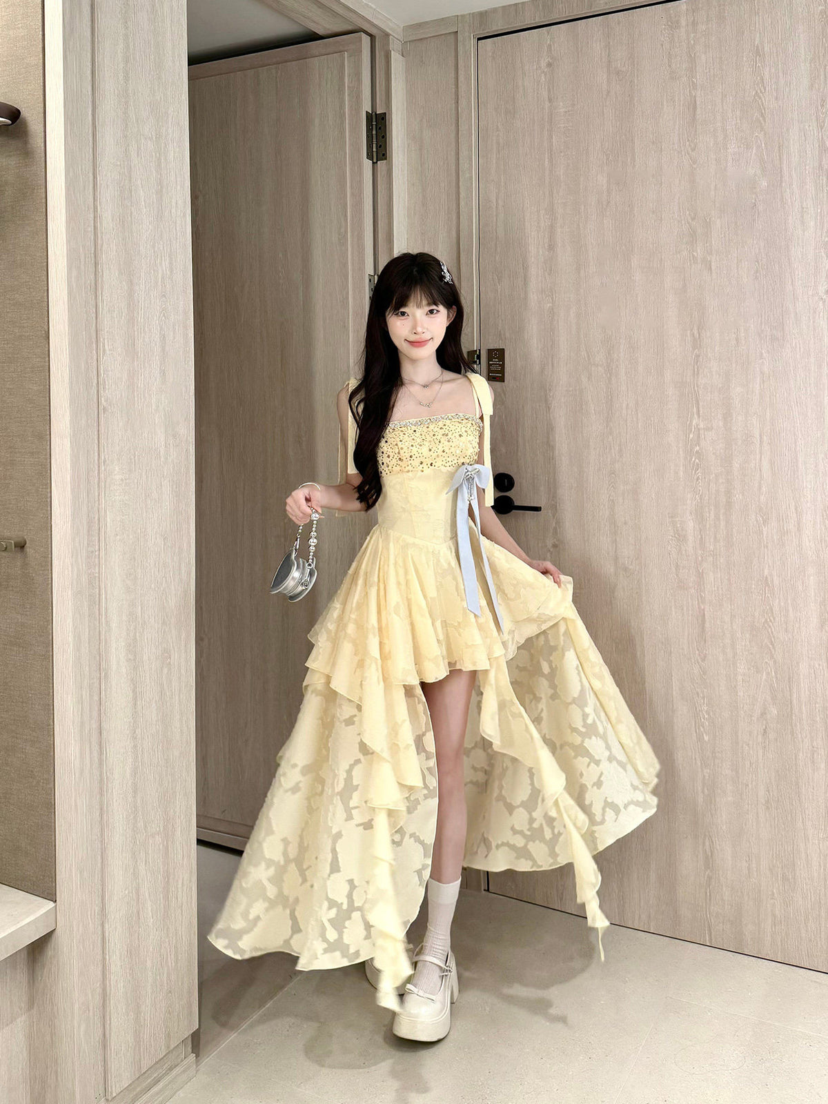 Yellow Lace High Low Tiered Dress BEL0032