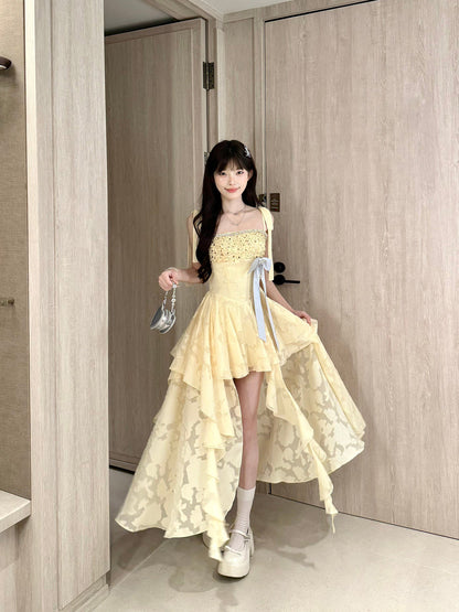 Yellow Lace High Low Tiered Dress BEL0032
