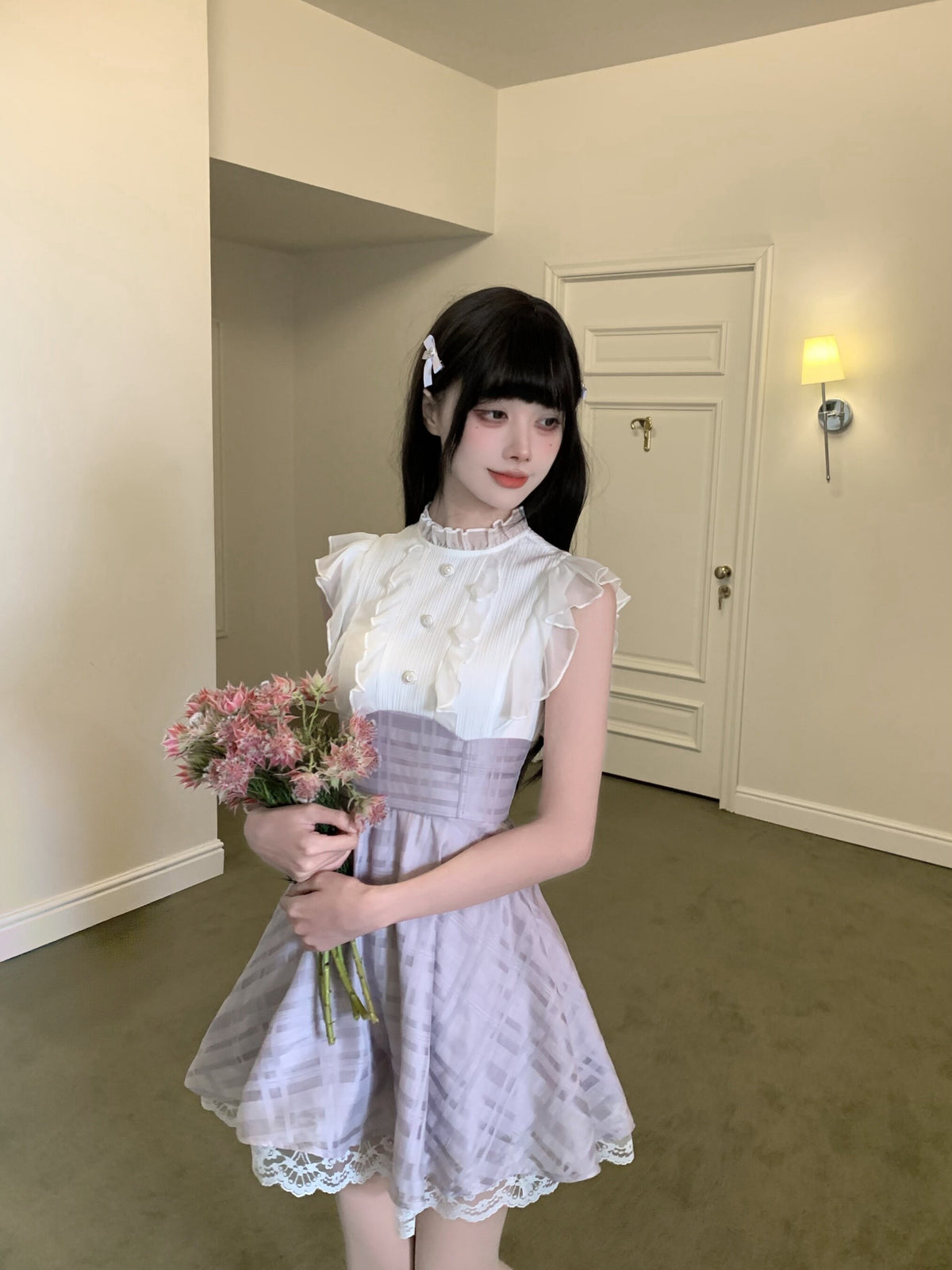 Lavender Plaid High Waist Dress LAL0176