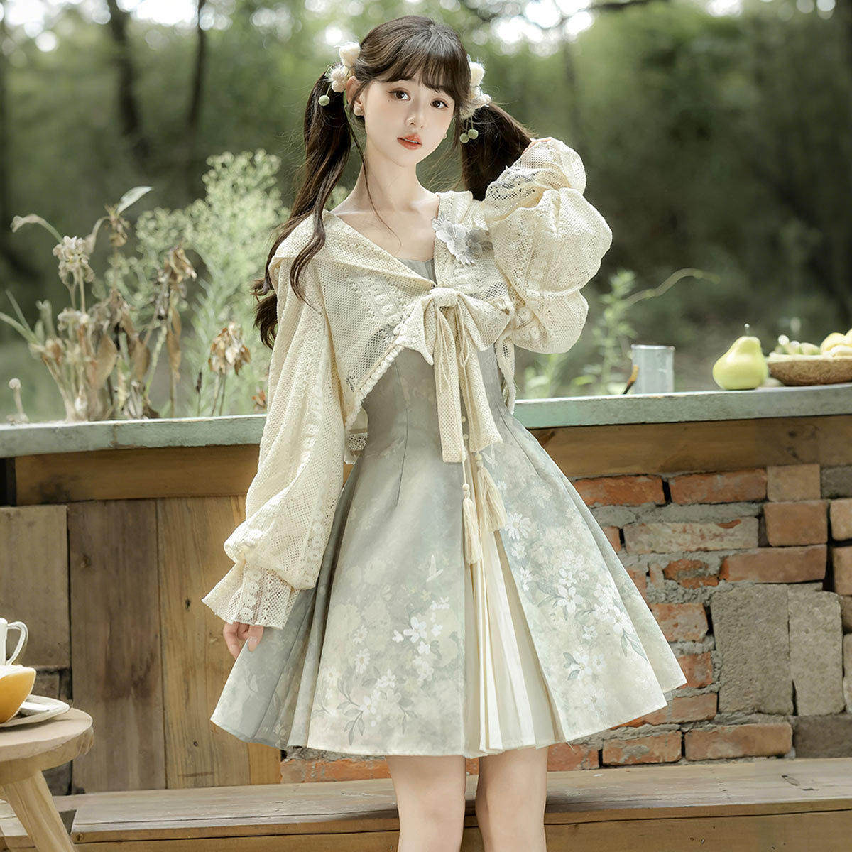 Chinese Style Hooded Top And Floral Dress Set YOU0313