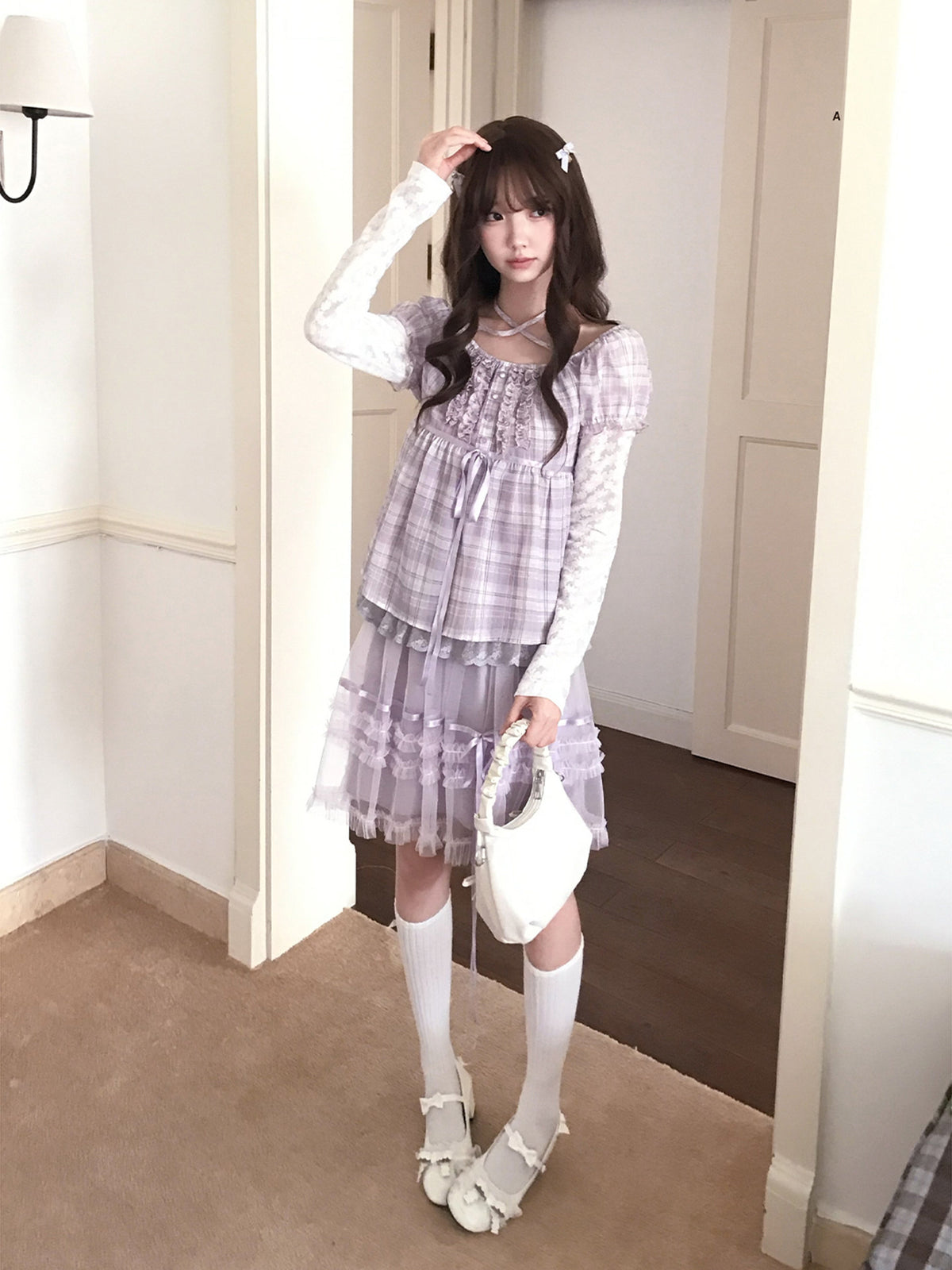 Plaid Puff Sleeve Top And Tiered Skirt Set LAL0242