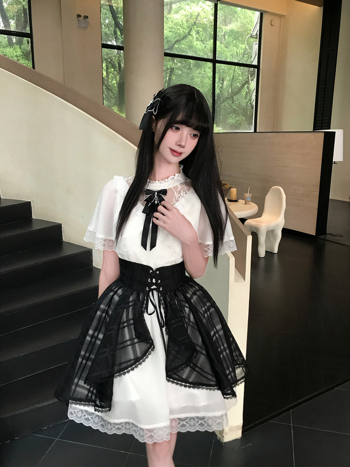 Puff Sleeve Lace Trim Plaid Overskirt Dress LAL0218