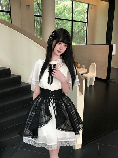 Puff Sleeve Lace Trim Plaid Overskirt Dress LAL0218