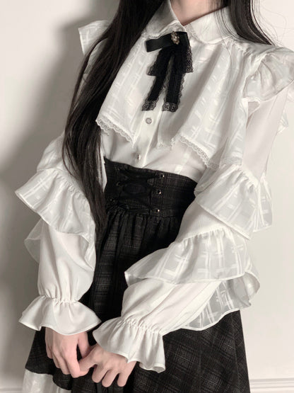 Ruffle Collar Bow Blouse With Plaid Skirt Set LAL0165