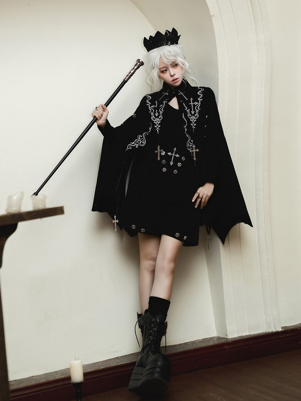 Gothic Cross Embroidered Bat-Wing Cape Set YOU0228