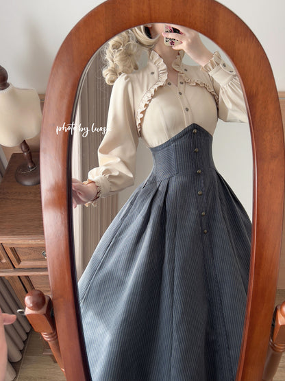 Vintage Ruffled Stand Collar Bow Shirt FOR0081