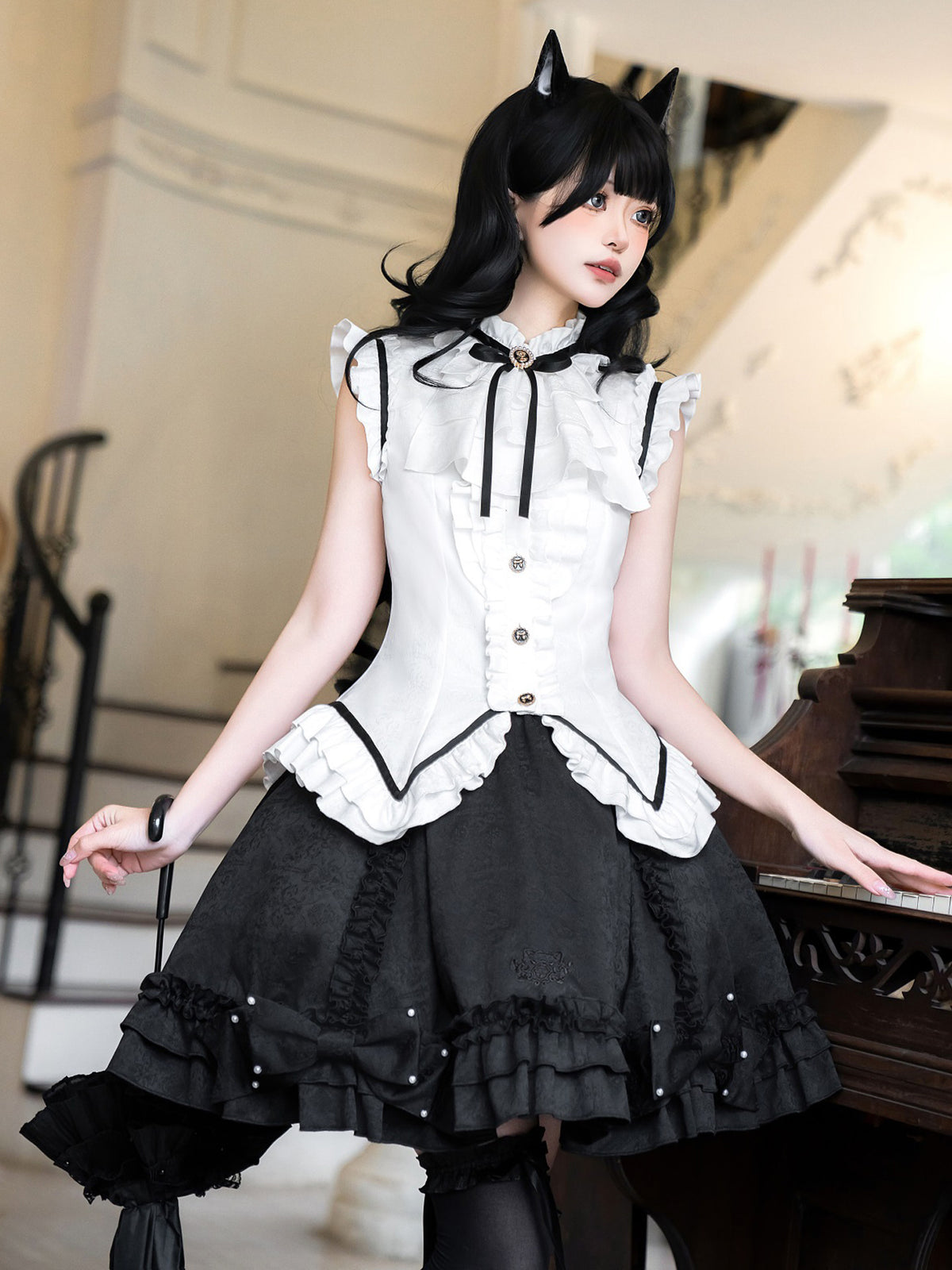Black White Ruffled Lolita Vest Skirt Set YOU0269