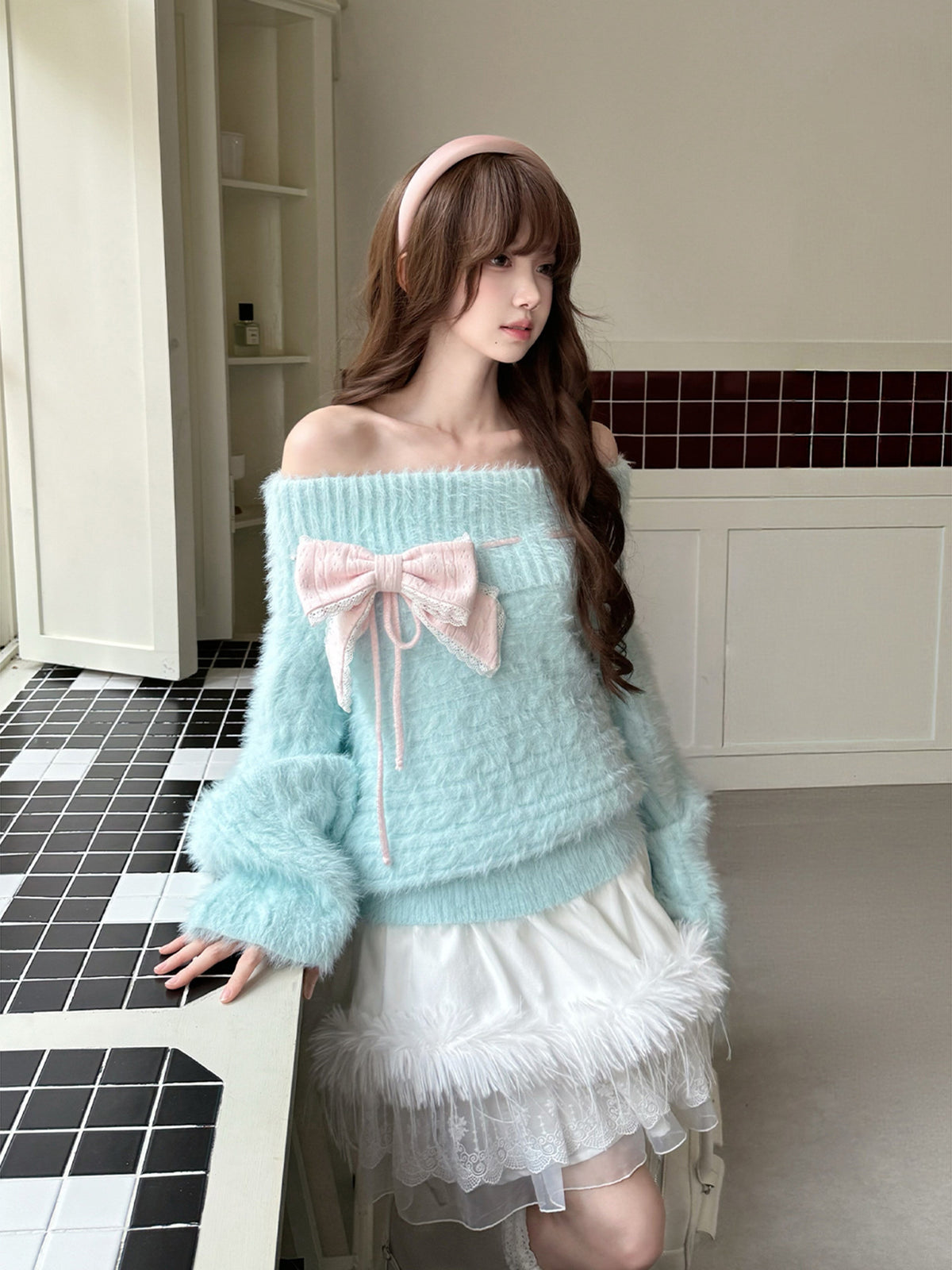 Off Shoulder Fuzzy Knit Bow Sweater LAL0238