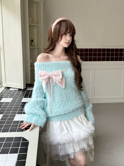 Off Shoulder Fuzzy Knit Bow Sweater LAL0238