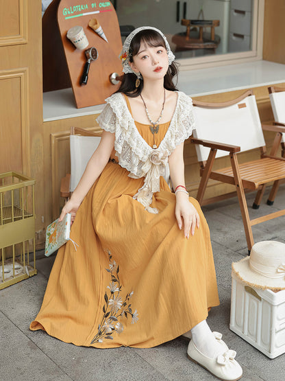 Orange Color Flower Embroidery China Style Dress YOU0041