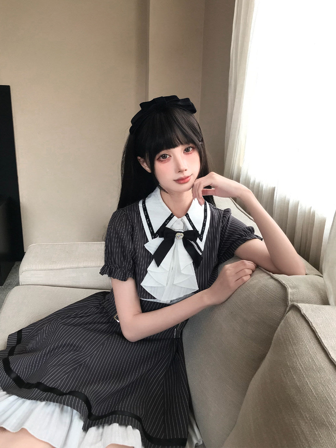 Pinstripe Peter Pan Collar Dress With Ribbon Tie LAL0189