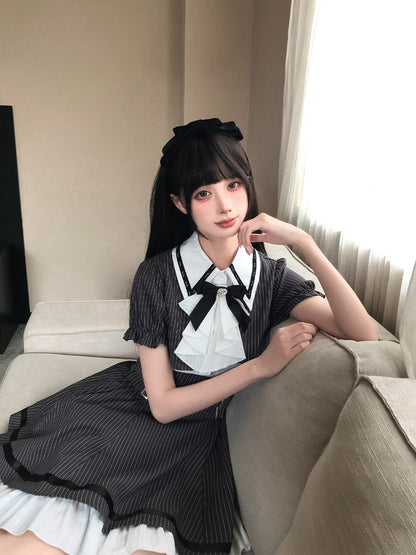 Pinstripe Peter Pan Collar Dress With Ribbon Tie LAL0189