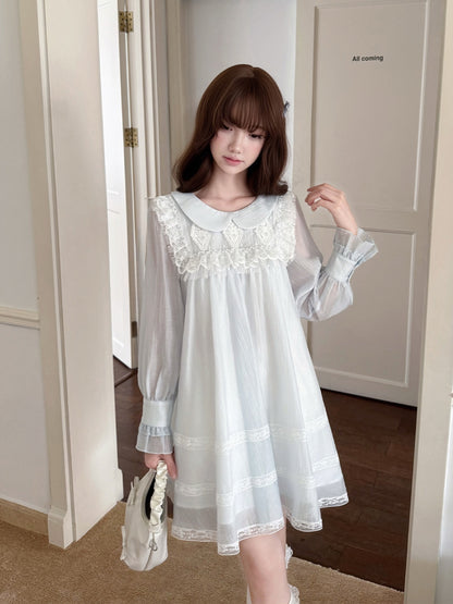 Doll Collar Lace Trim Babydoll Dress LAL0149
