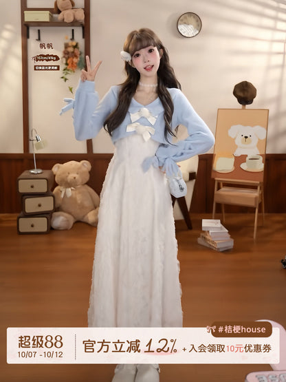 Ribbon Bow Knit Cardigan Lace Dress Set BEL0020