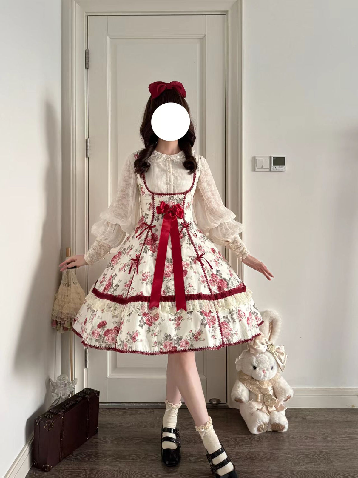 Red Floral Ribbon Trim Lolita Dress ONE0026