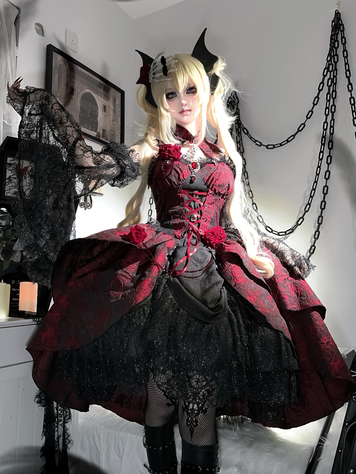 【予約商品】Rose Lolita Dark Style High Waist Dress YOU0179