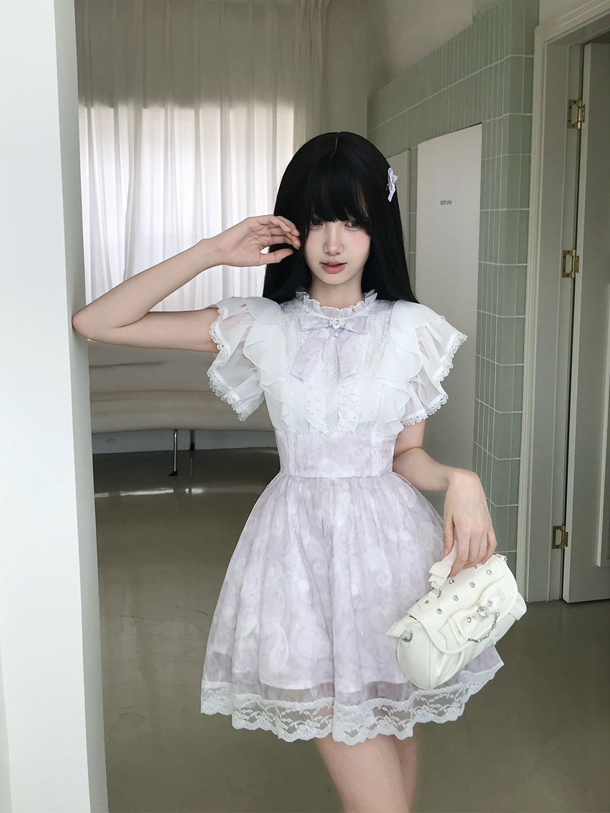Lace Ruffle Collar Flutter Sleeve Dress LAL0227