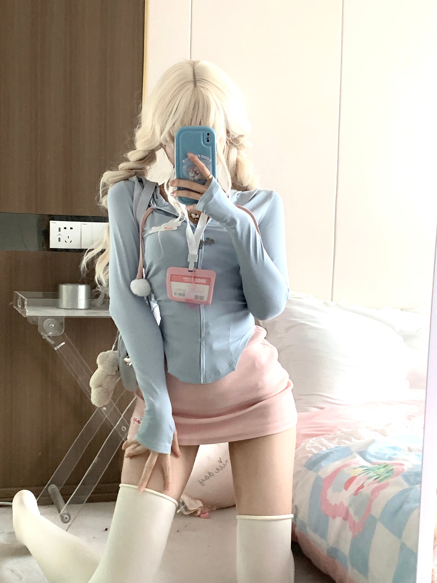 Light Blue Long Sleeve Tops & Pink Tight Skirt SER0131