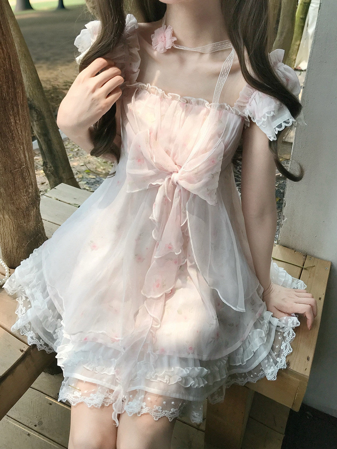 Square Neck Puff Sleeve Lace Tulle Dress LAL0191