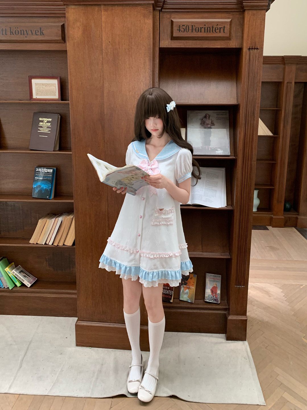 Sailor Collar Puff Sleeve Dress With Ruffle Hem LAL0190